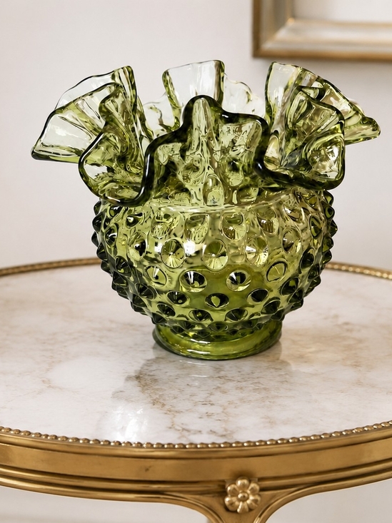 Fenton Other - VTG Colohial Green Hobnail Glass Ruffled Vase - Decorative Home Accent